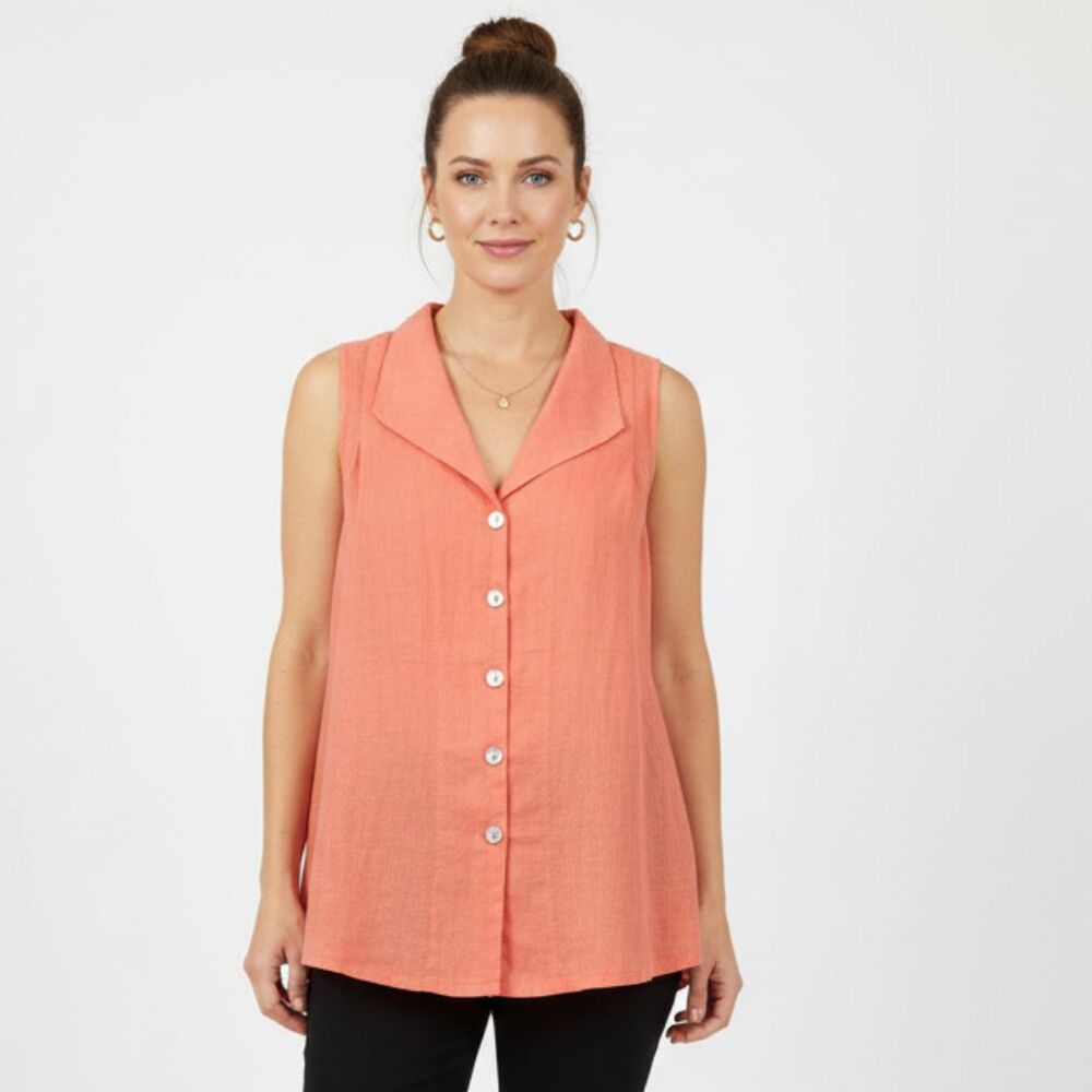 Match Point 100% Linen Sleeveless Button Front Top Blouse M